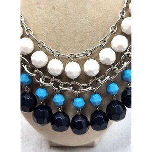 Blue & White Plastic Beaded  Silver Toned Chain Bib Necklace - 3 Layers
